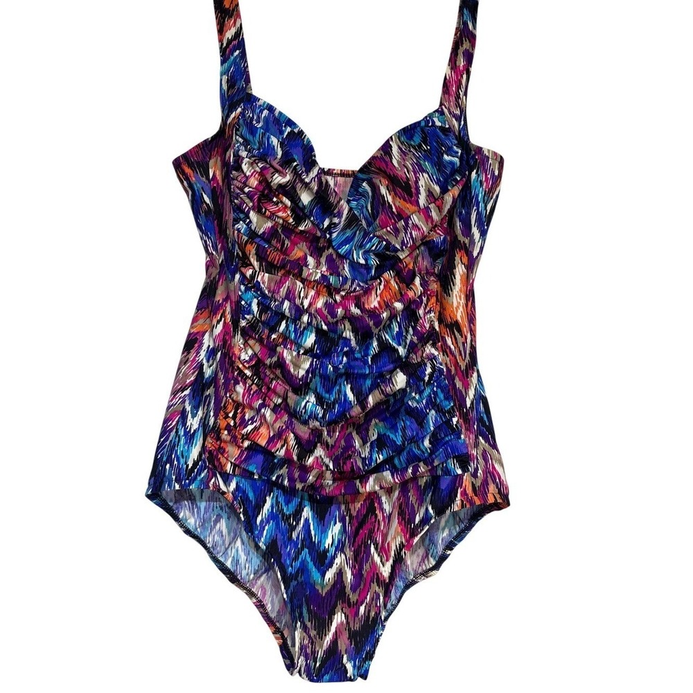 Trimshaper Womens Multicolor Ikat Chevron Ruched One Piece‎ Swimsuit Size 12